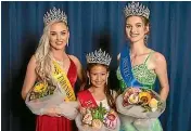  ??  ?? Miss Taranaki 2020 Lainey Chard, Junior Miss 2020 Freya Wano and Miss Teen 2020 Ella Stuart were crowned on Sunday evening.