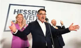  ?? Photograph: Lando Hass/AP ?? The CDU’s Boris Rhein celebrates at an election party in Wiesbaden on Sunday. The party secured 34.5% of votes in Hesse, which will probably be enought for it to stay in power.