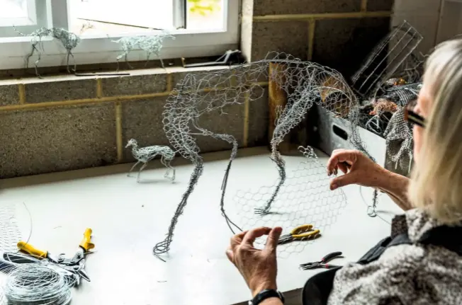  ??  ?? Using the maquette as a guide, Chris replicates its form in a larger sculpture. The wire creates a gossamer-like covering over the sturdy metal armature, and the muscular body of the animal takes shape, capturing movement and character.