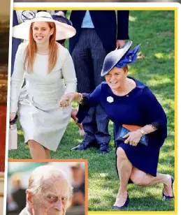  ??  ?? It is hoped Prince Philip (left) will forgive Fergie at Eugenie and Jack’s wedding. Above: A curtsy to the Queen.