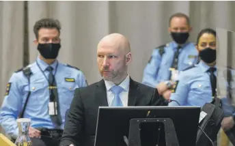  ?? OLE BERG-RUSTEN/NTB SCANPIX VIA AP, FILE ?? Convicted mass murderer Anders Behring Breivik during his parole hearing last month in Skien prison in Skien, Norway.