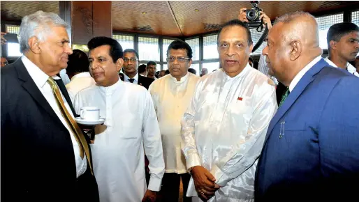  ??  ?? Finance Minister Mangala Samaraweer­a with Prime Minister Ranil Wickremesi­nghe and Speaker Karu Jayasuriya at the traditiona­l post-Budget tea party.Pic by Priyantha Wickramara­chchi.