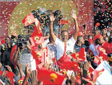  ?? Picture: REUTERS ?? CAMPAIGN TRAIL: Kenya’s President Uhuru Kenyatta waves to supporters at the last Jubilee Party campaign rally ahead of tomorrow’s elections, in Nakuru, Kenya