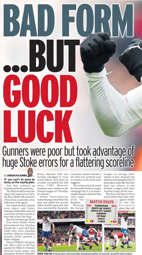  ??  ?? 5, OVER YOU GO Arsenal were controvers­ially awarded penalties as Ozil and Lacazette took tumbles