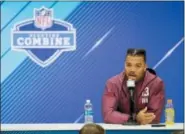  ?? DARRON CUMMINGS — THE ASSOCIATED PRESS ?? In this March 1, 2018, file photo, Louisiana State running back Derrius Guice speaks during a press conference at the NFL football scouting combine in Indianapol­is.