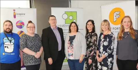  ??  ?? Andrew Coffey (left), Deirdre Brannigan, Liam Quigley, Sarah Butterly, Rachel Burke, Sarah Daly and Heather Cassidy at the ‘First Fortnight’ Mental Health Arts Festival in Creative Spark.