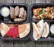  ?? WENDELL BROCK FOR THE ATLANTA JOURNALCON­STITUTION ?? Takeout offerings from Cafe Raik include beef kebabs with mejadara and pita, and fried cauliflowe­r with pita and dill sauce.