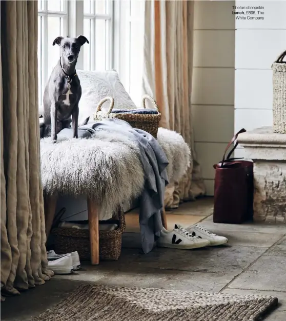  ??  ?? Tibetan sheepskin bench, £695, The White Company