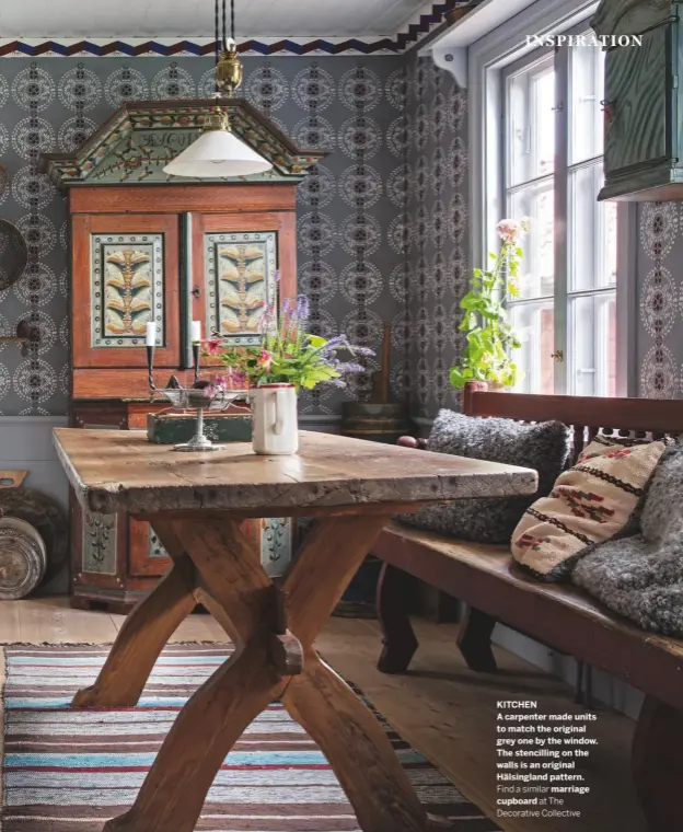  ??  ?? KITCHEN
A carpenter made units to match the original grey one by the window. The stencillin­g on the walls is an original Hälsinglan­d pattern.
Find a similar marriage cupboard at The Decorative Collective