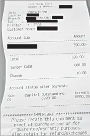  ?? (Courtesy pic) ?? One of the receipts of an affected customer, who bought a bed through lay-buy.