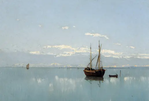  ??  ?? Silenzi Guglielmo Ciardi, in su collezione privata, laguna» cartone, «Quiete olio uno della «Venezia dei mostra quadri in Dialoghi chiaro. e silenzi nella pittura tra Ottocento e Novecento», a cura di Luisa Turchi e Stefano Cecchetto