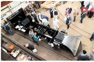  ??  ?? Visitors to Alan Keef Ltd’s annual open day on September 17 examine the rolling chassis of the Lynton & Barnstaple Railway’s Baldwin 2‑4‑2T Lyn. Parts of a Volk’s Electric Railway car edge into the top of the picture.