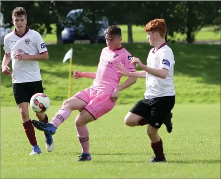  ??  ?? Wexford Youth FC’s Patrick Barron in action against Harry O’Gorman of Galway United during the SSE Airtricity under-17 league clash at Ferrycarri­g Park last weekend.