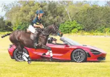  ?? Picture: GLENN HAMPSON ?? Polo player Indianna Bennetto and Supercar’s Paul Morris race ahead of the Polo by the Sea.