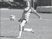  ?? File-LARRY GREESON / For the Calhoun Times ?? Calhoun goalkeeper Mia Smith punts the ball out of the box during a game earlier this season.