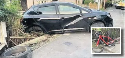  ??  ?? ●●The damaged car and bicycle following the collision in Littleboro­ugh.