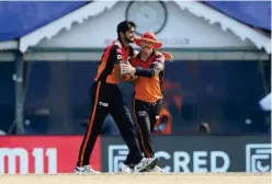  ?? Courtesy: IPL website ?? ↑
Sunrisers Hyderabad’s Khaleel Ahmed (left) and David Warner celebrate the wicket of Punjab Kings’ Fabian Allen (unseen) during their IPL match at the MA Chidambara­m Stadium in Chennai on Wednesday.