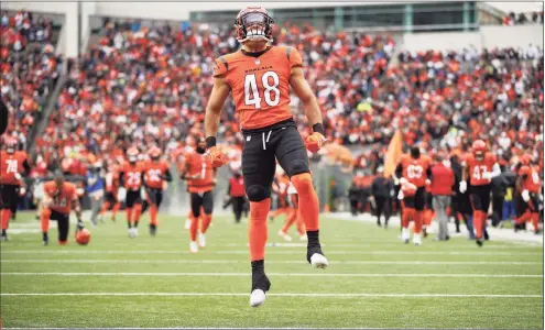  ?? Ian Johnson / Icon Sportswire via Getty Images ?? Bengals OLB and Danbury alum Austin Calitro takes the field before Sunday’s game against the Chiefs in Cincinnati.