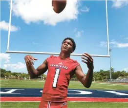  ?? CARLINE JEAN/SOUTH FLORIDA SUN SENTINEL ?? Five-star Chaminade-Madonna wide receiver Joshisa Trader, shown posing for a Super 11 photo in August, committed to the Hurricanes on Thursday.