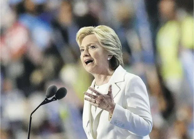  ?? NICHOLAS KAMM / AFP / GETTY IMAGES ?? Hillary Clinton formally accepts the Democratic presidenti­al nomination Thursday night in Philadelph­ia.