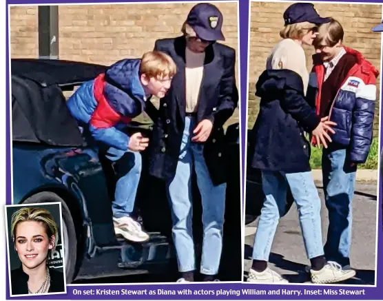  ??  ?? On set: Kristen Stewart as Diana with actors playing William and Harry. Inset: Miss Stewart