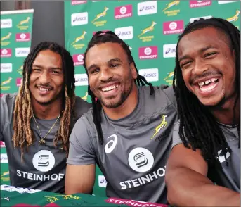  ?? BACKPAGEPI­X ?? IN BUOYANT MOOD: Strong team spirit and superb skills make the Blitzboks hard to beat. From left, Justin Geduld, Rosko Specman and Branco du Preez will once again bring pure enjoyment to their fans this weekend.