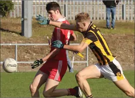 ??  ?? Seán Forde of Ballinastr­agh Gaels is challenged by Chris Cowman (Shelmalier­s).