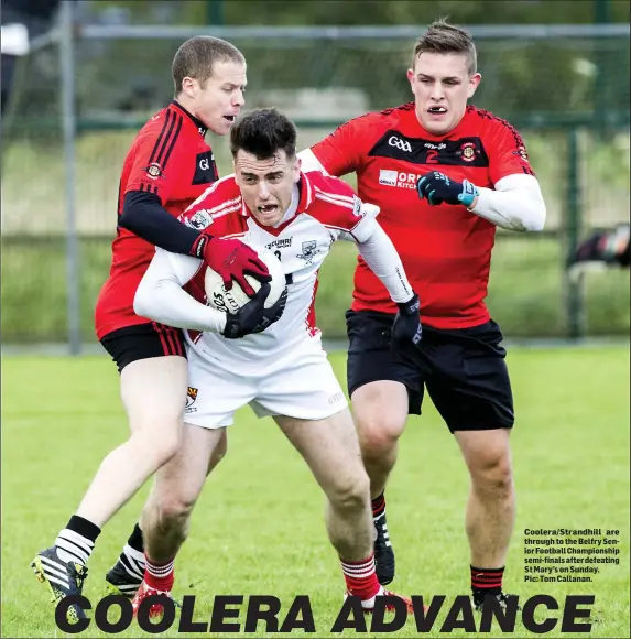  ??  ?? Coolera/Strandhill are through to the Belfry Senior Football Championsh­ip semi-finals after defeating St Mary’s on Sunday. Pic: Tom Callanan.