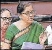  ??  ?? Union finance minister Nirmala Sitharaman speaks in Rajya Sabha on Wednesday. ANI PHOTO