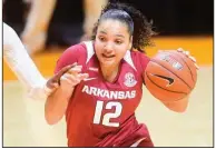  ?? (AP file photo) ?? Arkansas senior Destiny Slocum is averaging more than 15 points, 4 assists and 3 rebounds per game, nearly identical to the stats she had last season at Oregon State before transferri­ng.