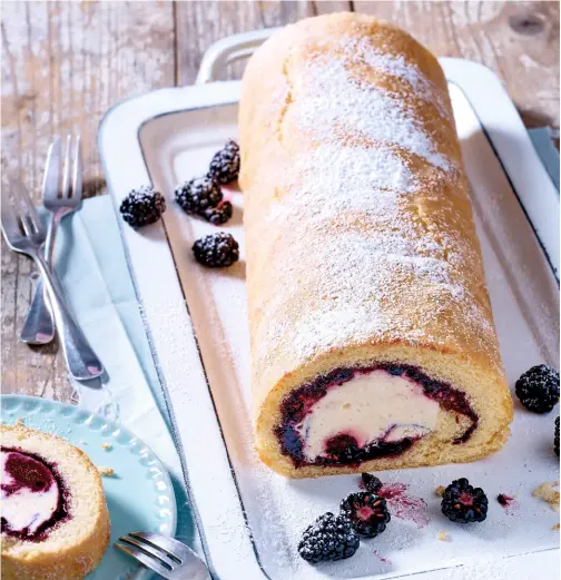  ??  ?? Serves 10 400ml no-churn blackberry ripple ice cream 4 eggs 120g caster sugar 120g self-raising flour 200g blackberry jam 100g blackberri­es icing sugar to dust