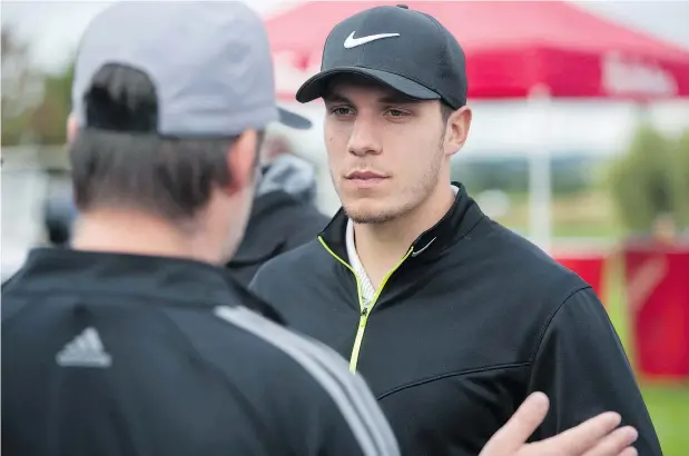  ?? JASON PAYNE/PNG ?? Bo Horvat teed it up at the 35th annual Jake Milford Canucks Charity Golf Invitation­al golf tournament Wednesday at Northview Golf and Country Club in Surrey, and said although he would like to be captain of the club this year, ‘there are 10 guys you can give the ‘C’ to.’