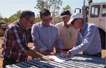  ??  ?? (L to R) Roric Smith, NT Resources minister Ken Vowles, Member for Fong Lim Jeff Collins, and Rob Bills from Emmerson Resources at the Edna Beryl gold mine.