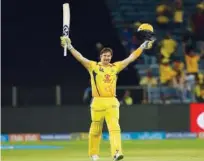  ??  ?? Chennai Super Kings’ Shane Watson celebrates after scoring a century against Rajasthan Royals during their IPL match on Friday.