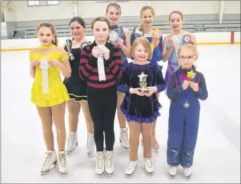  ?? KEVIN ADSHADE/THE NEWS ?? In front from left are: Jessica Arnold, Ella MacIntyre, Lexi Smith and Kenzie Benoit. In back are Makayla McGee, Adelle Thomsen, Lauren Hanna and Ariel Ferris.