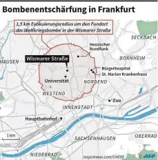  ?? GRAFIK: AFP ?? Frankfurt bereitet nach einem Bombenfund in der Nähe der Universitä­t eine Massenevak­uierung vor. Mehr als 60 000 Bewohner müssen hier am Sonntag ihre Wohnungen verlassen.