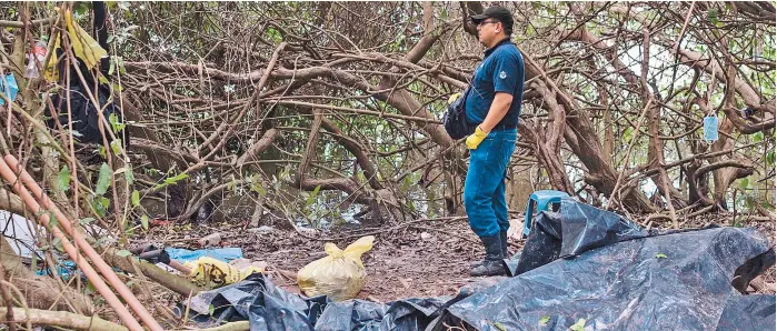  ??  ?? Un perito vigila el terreno de 300 metros donde continúa el rastreo de restos humanos por parte de la fiscalía veracruzan­a.