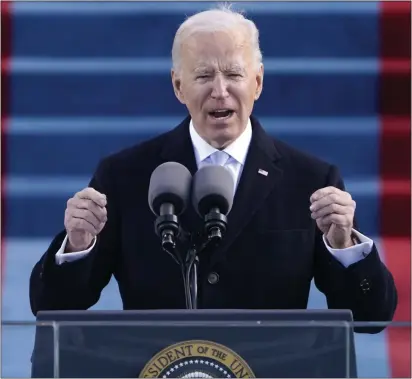  ?? ASSOCIATED PRESS ?? President Joe Biden speaks during the 59th Presidenti­al Inaugurati­on at the U.S. Capitol in Washington on Wednesday.