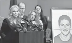  ?? ABBY DREY, AP CENTRE DAILY TIMES ?? Centre County District Attorney Stacy Parks Miller, left, announces the results of an investigat­ion into the death of Timothy Piazza with his parents, Jim and Evelyn Piazza, on Friday.