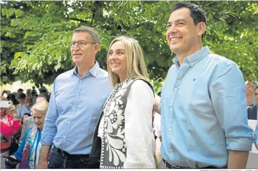  ?? REPORTAJE FOTOGRÁFIC­O: ANTONIO L. JUÁREZ / PS ?? El líder nacional del PP, Alberto Núñez-Feijóo, la candidata a la Alcaldía de Granada, Marifrán Carazo y el presidente de la Junta, Juanma Moreno.