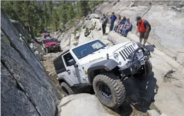  ??  ?? If you thought all Forest Service vehicles were green and stick to graded roads, think again. Joe Chavez and his team regularly join Cal4Wheel for the Sierra Trek in their decked-out Jeep Wrangler JK Rubicon.