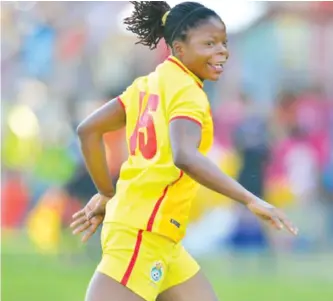  ??  ?? LETHAL WEAPON . . . Mighty Warriors striker Rutendo Makore celebrates her ninth goal of the tournament after scoring in the 4-0 win over Kenya at Barbourfie­lds yesterday