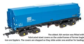  ??  ?? The oldest JSA version was fitted with fabricated steel covers on the underframe­s of former bogie iron ore tipplers. The covers are stepped so they slide under one another for loading.