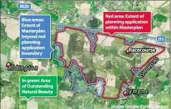  ?? In green: Area of Outstandin­g Natural Beauty Image: Google Earth/Landsat ?? Aldington
Red area: Extent of planning applicatio­n within Masterplan
Racecourse
Lympne
A map showing the proposed Otterpool Park boundary