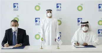  ?? Adnoc ?? Sheikh Khaled bin Mohamed, chairman of Adnoc’s Executive Committee of the board of directors, at the signing of the strategic energy partnershi­p between Adnoc, BP and Masdar