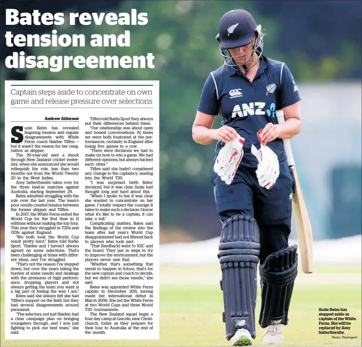 ?? Photo / Photosport ?? Suzie Bates has stepped aside as captain of the White Ferns. She will be replaced by Amy Satterthwa­ite.