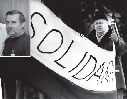  ?? HERALD FILE PHOTOS ?? HOME AND AWAY: Bill Kutik of Roslindale holds a solidarity banner during a 1981 rally in Quincy, right. In 1988, Raymond L. Flynn, above left, visits Lech Walesa at the Gdansk Shipyard.