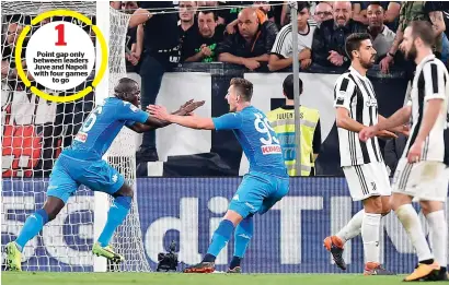  ?? AP ?? Point gap only between leaders Juve and Napoli with four games to go Napoli’s Kaliodou Koulibaly (left) celebrates after he scored against Juventus in the top of the table Serie A clash on Sunday. — 1