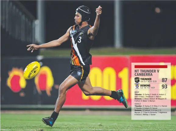  ?? Picture: FELICITY ELLIOTT ?? Ben Rioli of NT Thunder kicks his team into attack in the NEAFL Round 16 match against the Canberra Demons at TIO Stadium last night