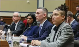  ?? Photograph: Jemal Countess/UPI/REX/Shuttersto­ck ?? Former Twitter executives and employees during testimony before the House oversight committee.